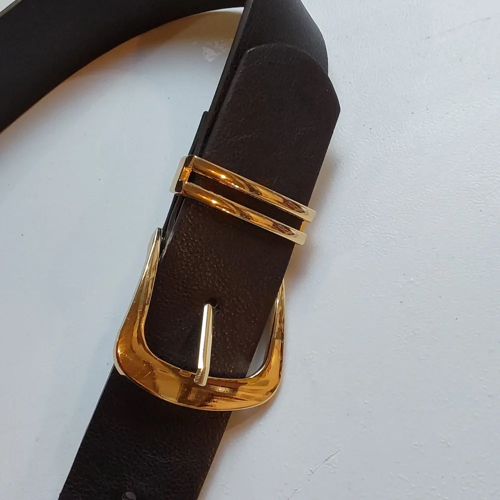 Womens Edgy Black Leather Belt with Double Gold Buckles Adjustable Mod Sz.M/L